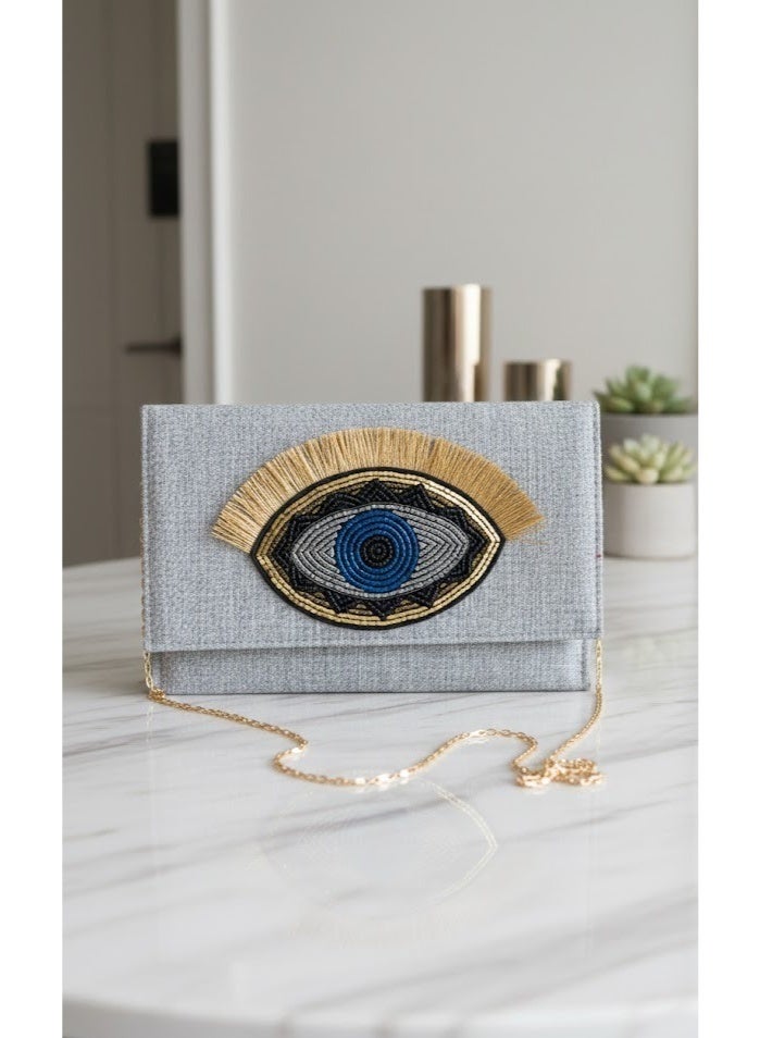 zoba Elegant women's wallet bag with a gold chain - can be worn crossbody or clutch - distinctive and luxurious eye design for outings and occasions (grey) - Image 2